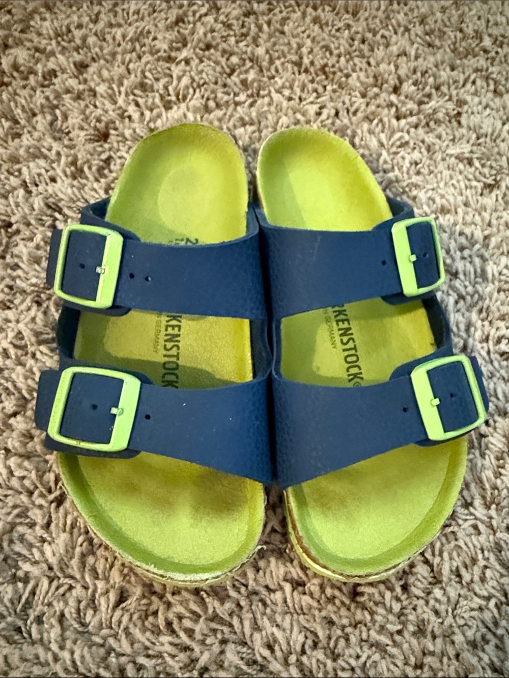Birkenstock Kids Two-Strap Sandal in Navy and Lime Green